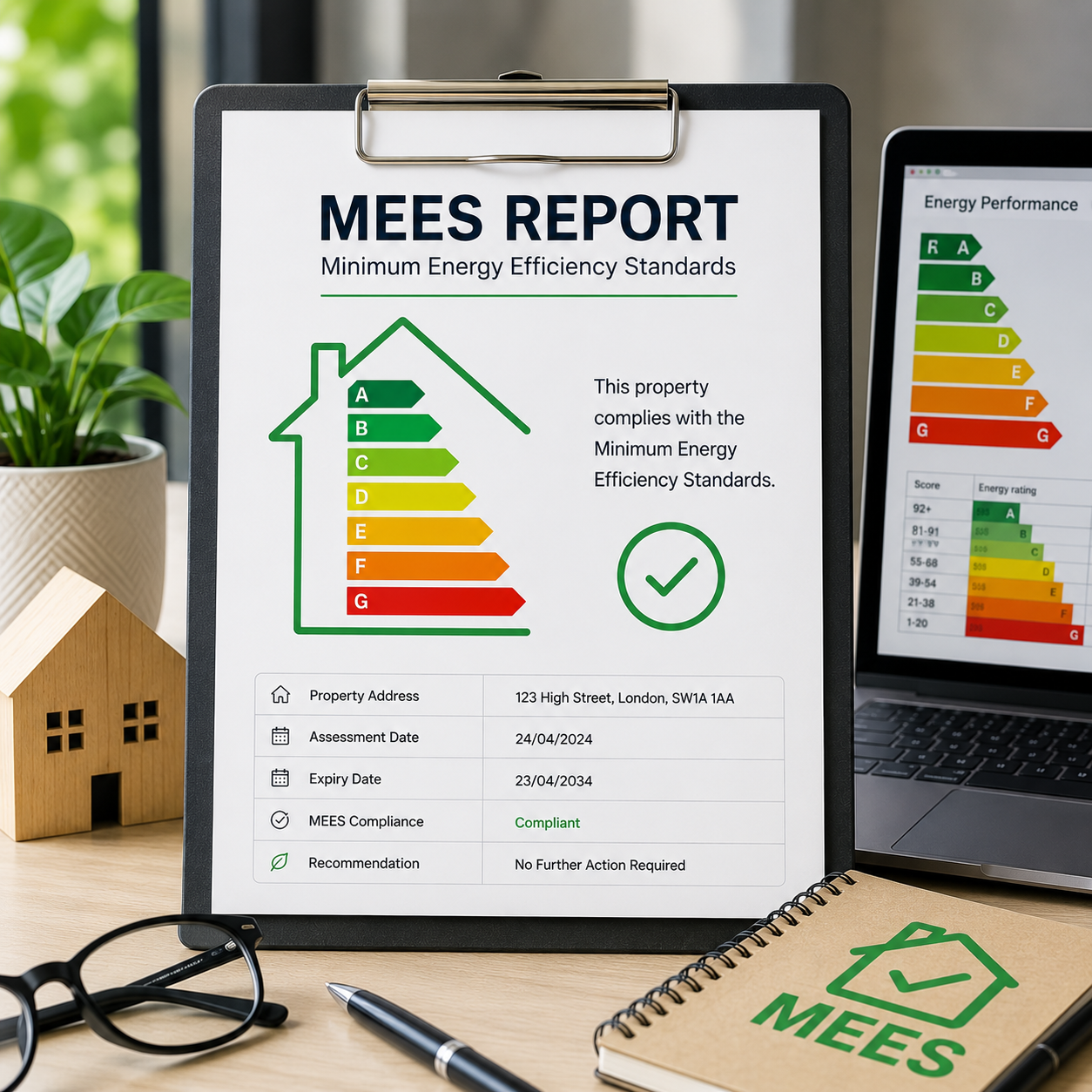 MEES compliance report clipboard beside energy rating display
